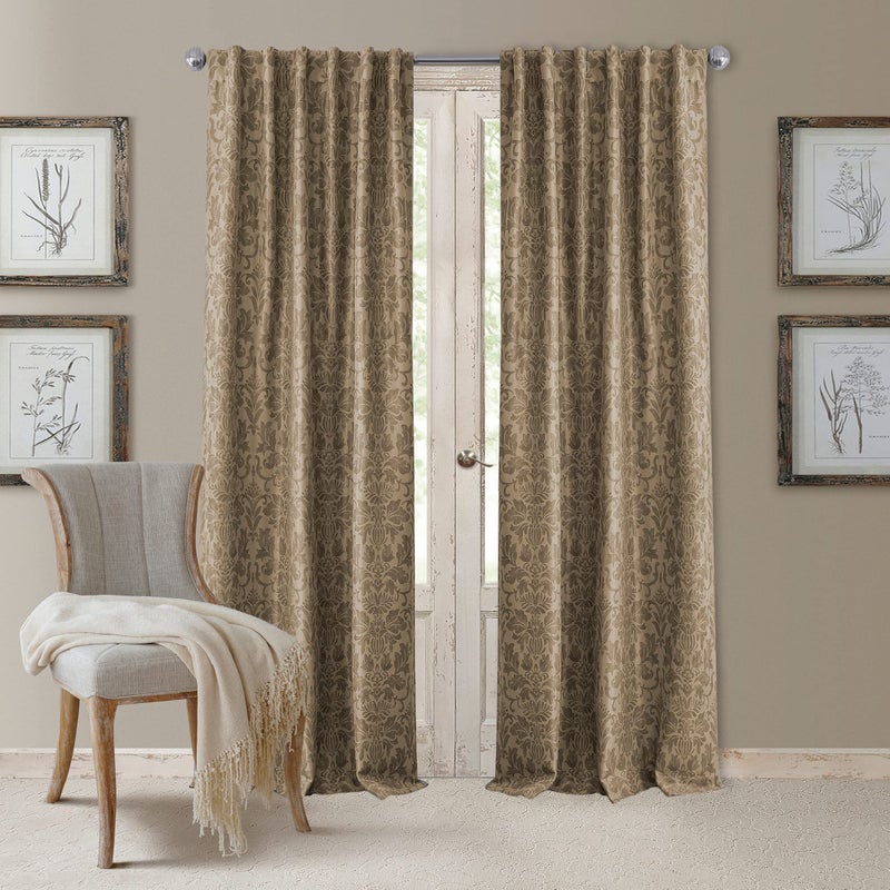Elrene Home Fashions Antonia Floral Damask Blackout Single Window Curtain Panel, 52"x84", Taupe - Image 1